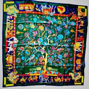 Hermes Paris Silk Scarf Fantaisies Indiennes Green Multicolor Vintage